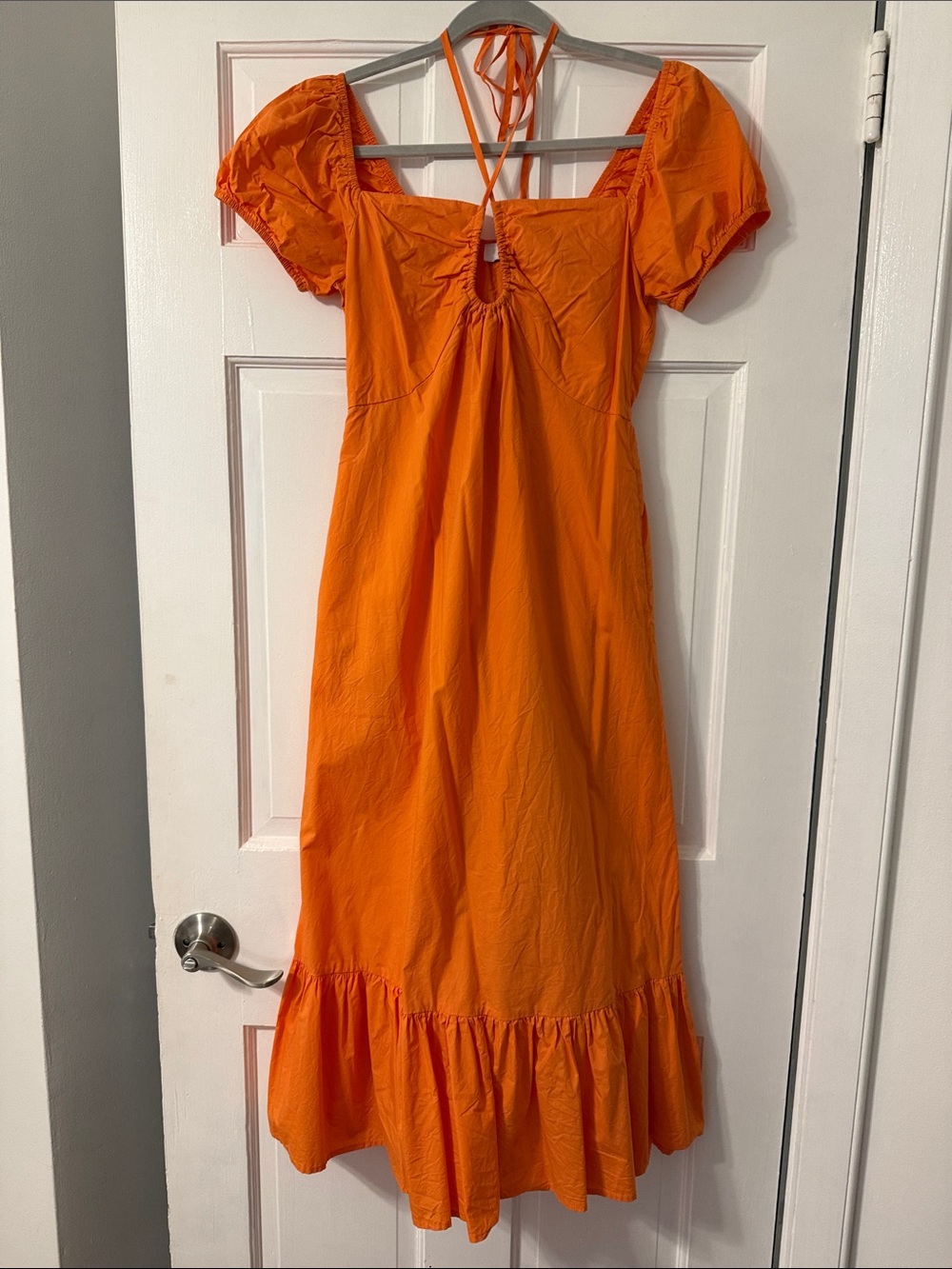 Greylin Orange Midi Dress with Puff Sleeves
